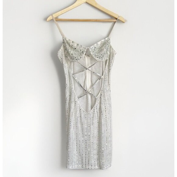 Fashion Nova Babydoll Rhinestone Mini Dress Size Large White Underwire New Years - Picture 3 of 14